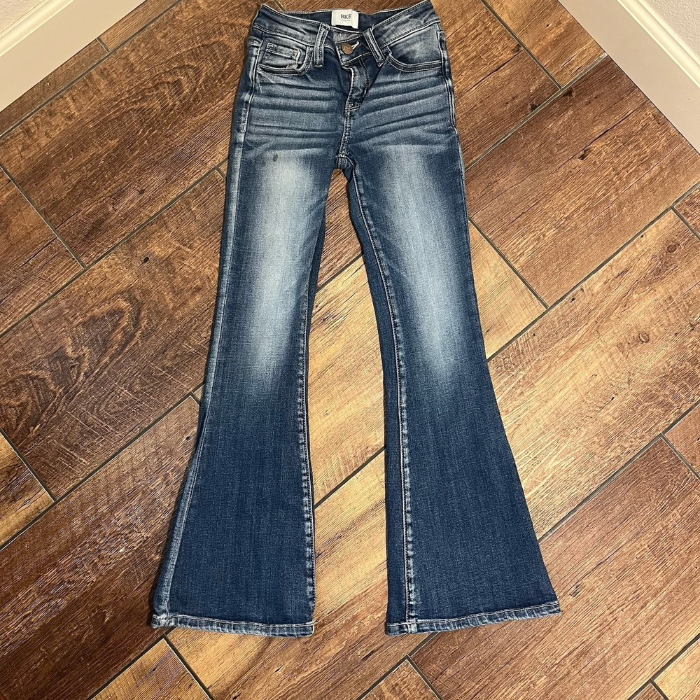 BKE Youth Jeans Girls Size 10 R Buckle Flare Blue Stretch Dark Wash Flaw*